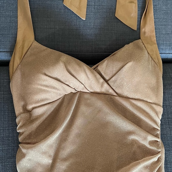 Gold Sparkle Glitter Shimmer Floor Length Gown Dress w. Halter, Lace-Up Back - Picture 4 of 12